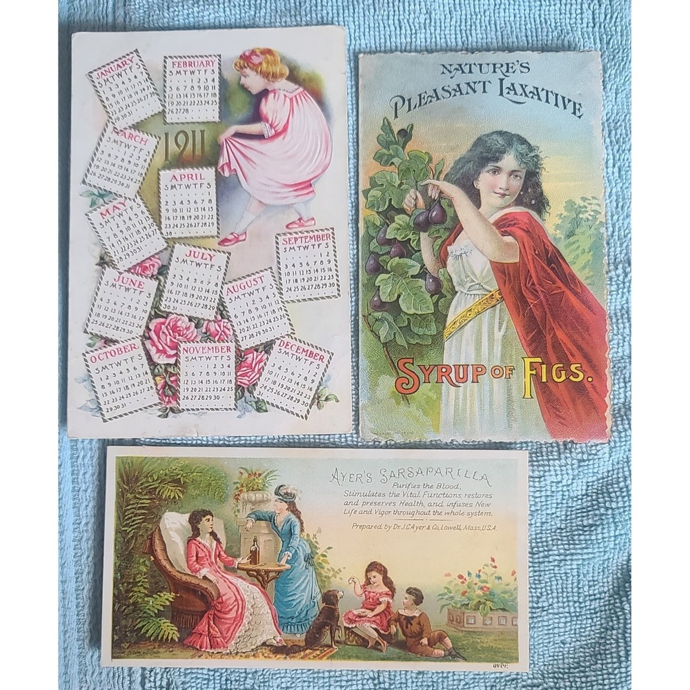 ~1911 Calender Card Syrup Of Figs Ayers Sarsaparilla - 3 Beautiful Trade Cards ~